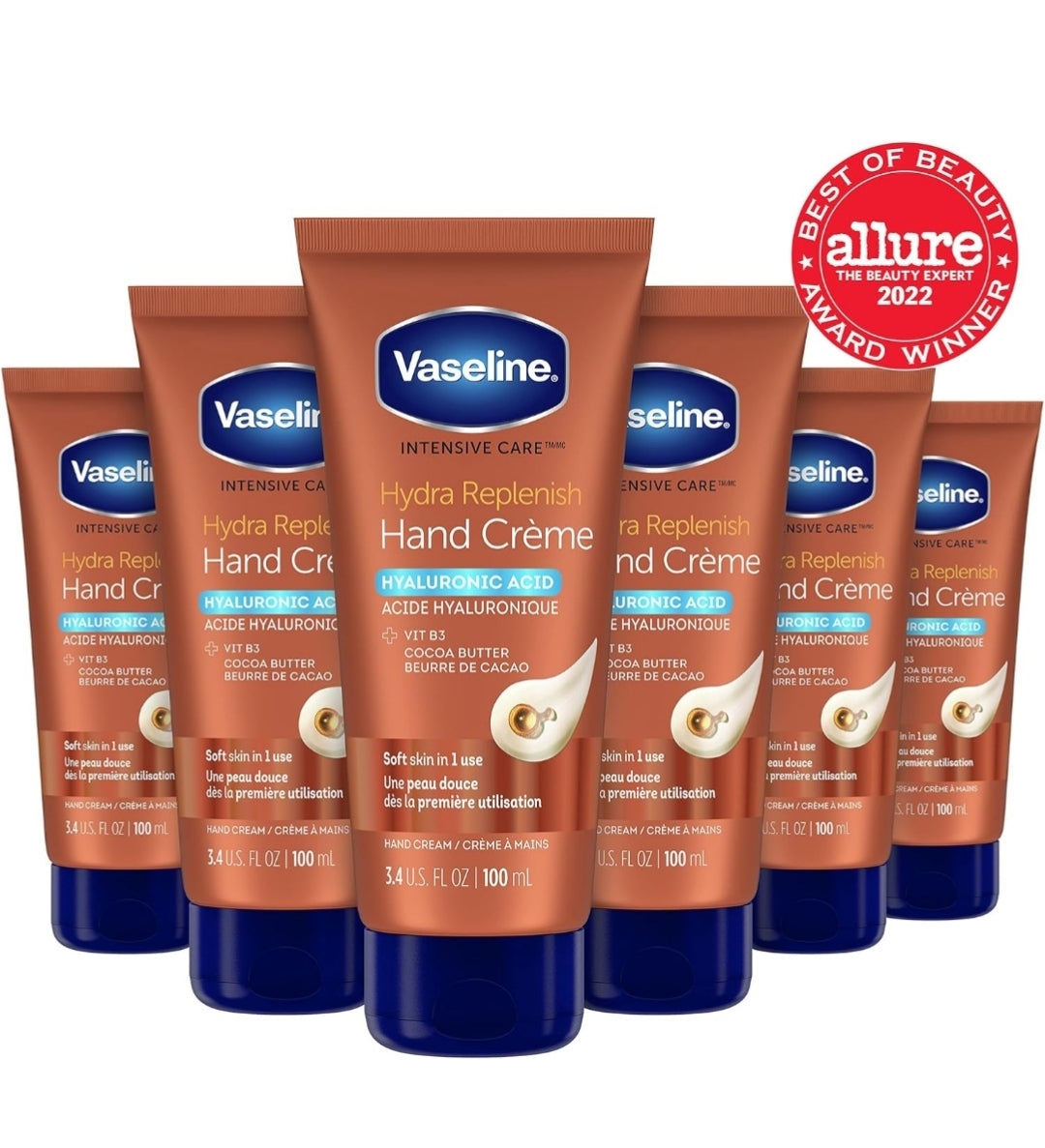 Vaseline Intensive Care Hand Crème Moisturizer for Dry Hands Hydra Replenish Made with hyaluronic acid, vitamin B3, and cocoa butter 3.4 oz 6 Count