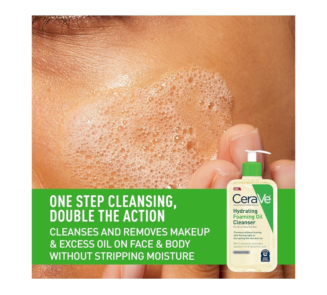CeraVe Hydraterende Skuimolie-reiniger, Bevogtigende Reiniger vir Gesig en Liggaam, Skwalaanolie + Hialuroonsuur + Seramiede (236 ml)