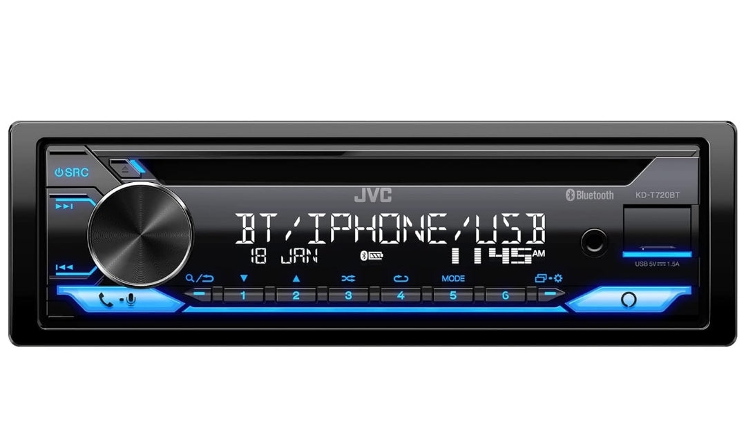 JVC KD-T720BT - CD-motorradio, enkel-din, Bluetooth-klank en handvrye oproepe met eksterne mikrofoon, CD, MP3, USB, AUX-invoer AM/FM-radio, hoëkragversterker, Alexa-stembeheer