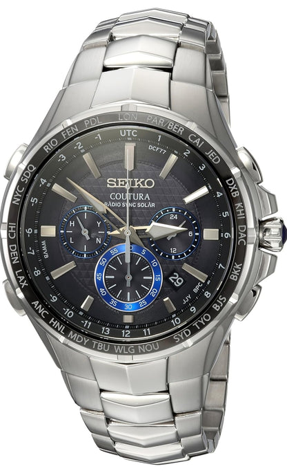 SEIKO-horlosie vir Mans - Coutura-versameling - Radio Sync Solar Chronograph, Tweekleurige Vlekvrye Staal Kas en Armband, Swart Wysplaat met Lumibrite-wysers en -merkers, en Datumkalender