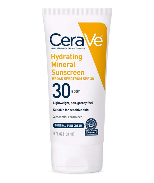CeraVe 100% Minerale Sonbrandroom SPF 30 met Sinkoksied en Titaandioksied, Hialuronzuur en Skeramiede, Olievry (147ml)
