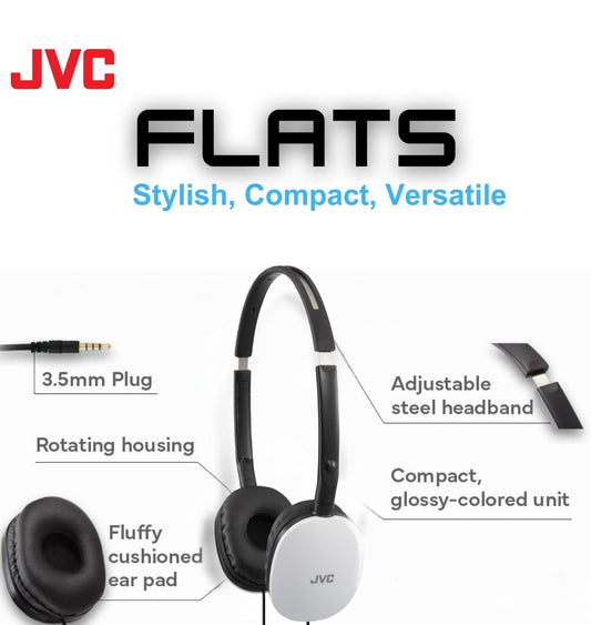 JVC Flats Oor-op-Oorfone met Draad - Plat Opvoubare Ontwerp - 30mm Drywer vir Kragtige Klank - Sagte Oorkussings vir Gemak – Staal Kopband - Liggewig & Draagbaar - Rekenaar/Skootrekenaar/Spel - 3.5mm Slank Prop