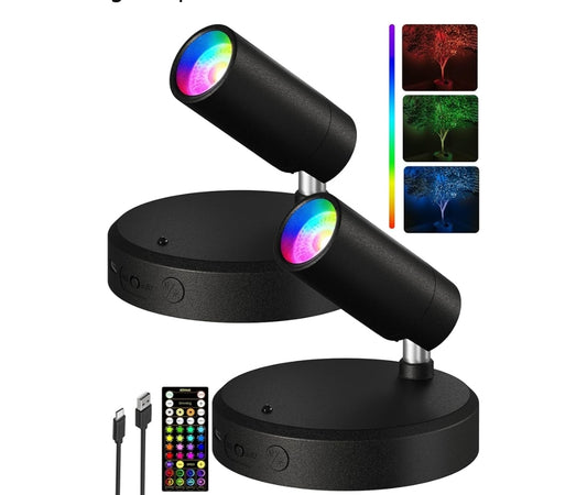 RGB Spotlights Indoor w/ Remote, 5500mAh Rechargeable Picture Lights, DIY Mode & 83 Color Changing Uplighting (2PK - Black)