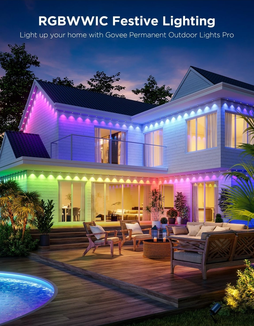 Permanent Outdoor Lights Pro, 200ft with 120 RGBIC LED Lights for Daily and Accent Lighting, 75 Scene Modes for Outdoor Decor, IP67 Waterproof, Works with Alexa, Google Assistant, Matter, White