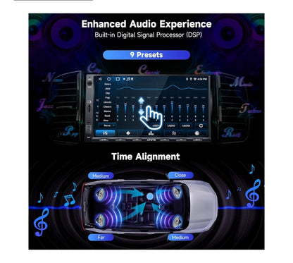 7" 32G Android Dubbel-Din Motorstereo met Agteruitry-kamera, Draadlose CarPlay & Android Auto Raakskerm, WiFi/Bluetooth/USB, 24 Band EQ DSP, FM/AM/TF Ondersteuning, MirrorLink