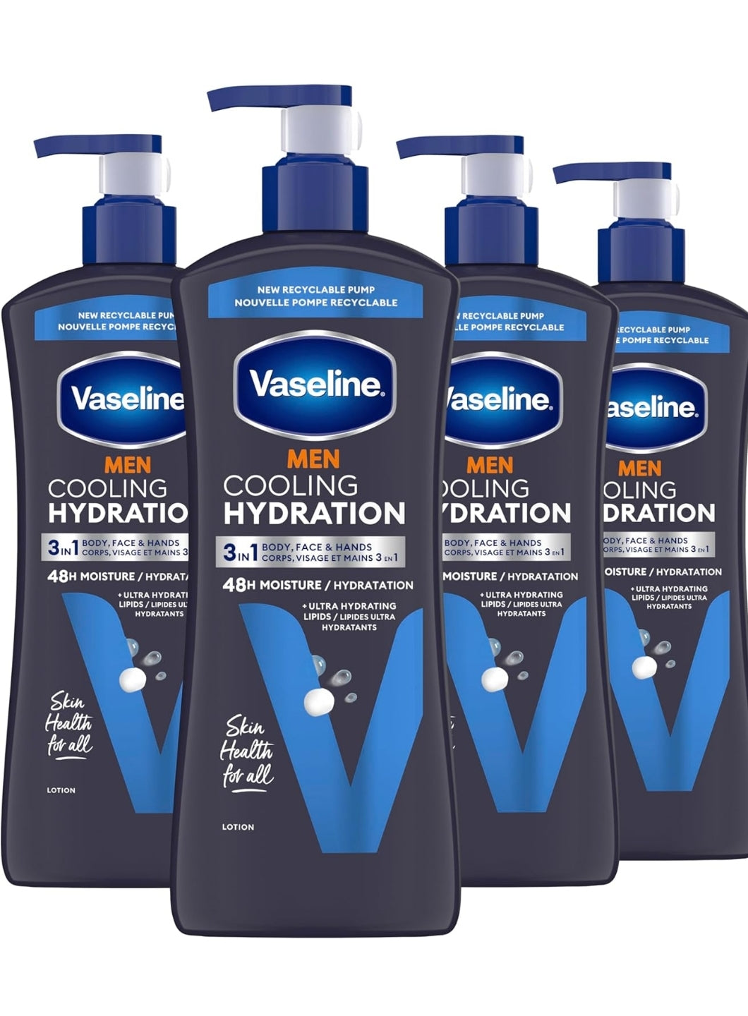 Vaseline Men Cooling Hydration 3-in-1 4 Pack for Dry Skin Face, Hands & Body Lotion for Men with Menthol & Ultra-Hydrating Lipids 20.3 oz