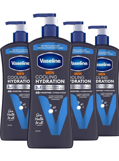 Vaseline Men Cooling Hydration 3-in-1 4 Pack for Dry Skin Face, Hands & Body Lotion for Men with Menthol & Ultra-Hydrating Lipids 20.3 oz