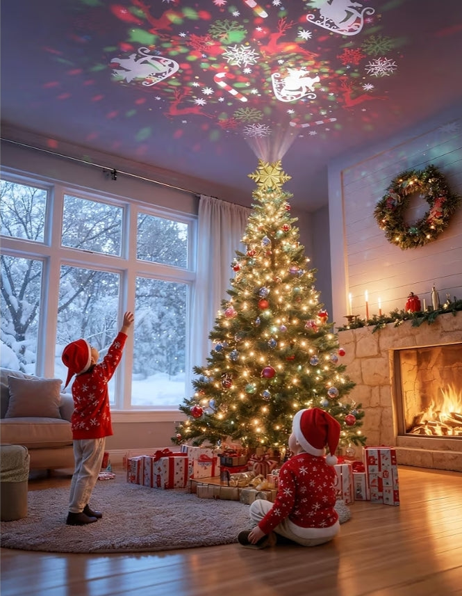Christmas Tree Topper Lighted w/ 6 Projected Patterns, Led Rotating Magic Snowflake, 3D Hollow Glitter Lighted Decorations - (Gold)
