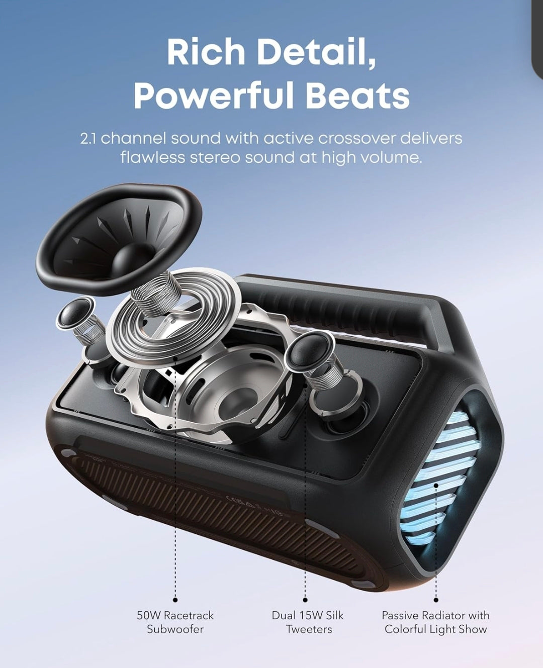 Soundcore Boom 2 By Anker, Outdoor Speaker, 80W, Subwoofer, BassUp 2.0, 24H Playtime, IPX7 Waterproof, Floatable, RGB Lights, USB-C, Custom EQ, Bluetooth 5.3, Portable for Camping, Beach, and Backyard