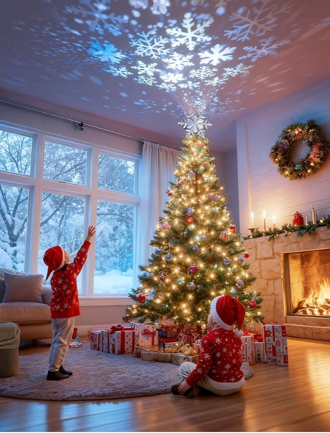 Christmas Tree Topper Lighted w/ Silver Snowflake Projector, Led Rotating, 3D Hollow Glitter Lighted Decorations