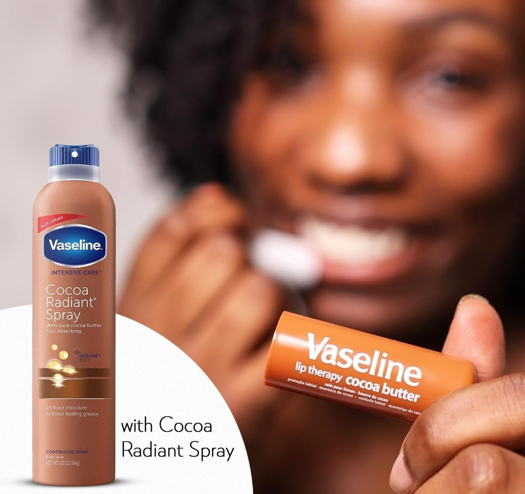 Vaseline Cocoa Radiant Spray 2-Pack for Dry Skin + Vaseline Lip Therapy Cocoa Butter Lip Balm (3 Piece Set)
