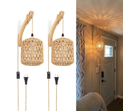 Handgeweefde Rottangligte Insteekmuurlampe Boho Beligting Stel van Twee, Lamp met Koord, Gemonteerde Lig