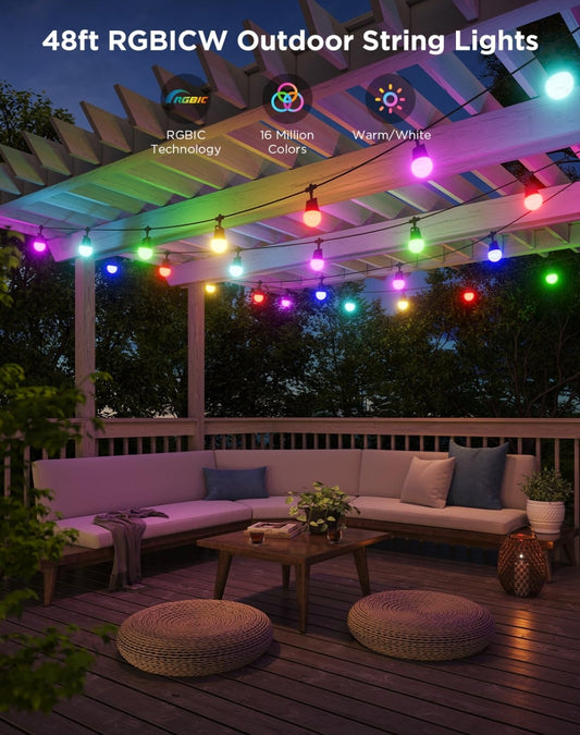 Govee Slim Draadlose Buitelug Slingervelde 2, 48vt Buiteligte met Dimmerbare Warmwit LED-gloeilampe, 47 Toonmodusse vir Patio, Agterplaas, Balkon, IP65 Waterdig, Werk met Alexa, Toepbeheer