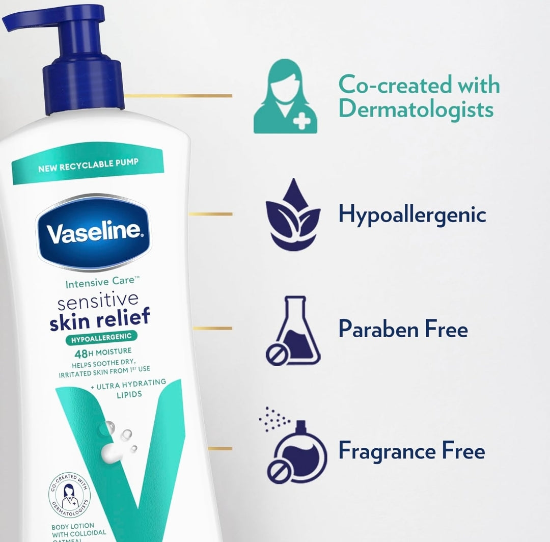 Vaseline Intensive Care Body Lotion 4 Pack Sensitive Skin Relief For Dry Skin With Colloidal Oatmeal and Ultra-Hydrating Lipids 20.3 oz
