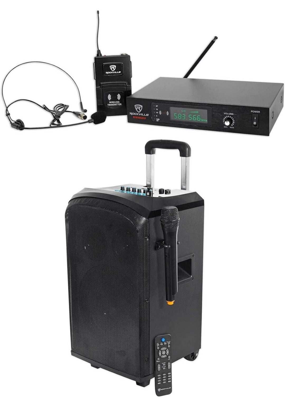 Rockville ROCKnGo 10" Rechargeable PA Speaker w/Bluetooth+Headset+Wireless Mic