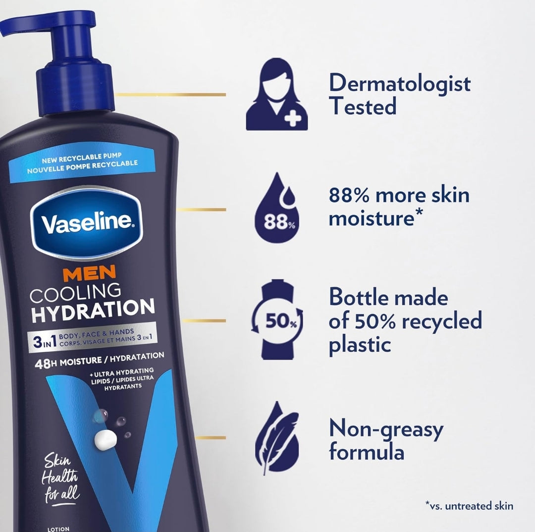 Vaseline Men Cooling Hydration 3-in-1 4 Pack for Dry Skin Face, Hands & Body Lotion for Men with Menthol & Ultra-Hydrating Lipids 20.3 oz