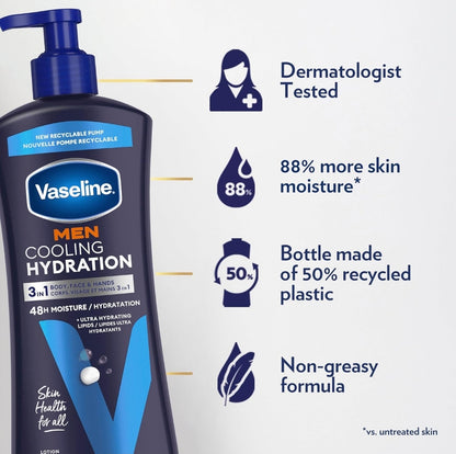 Vaseline Men Cooling Hydration 3-in-1 4 Pack for Dry Skin Face, Hands & Body Lotion for Men with Menthol & Ultra-Hydrating Lipids 20.3 oz