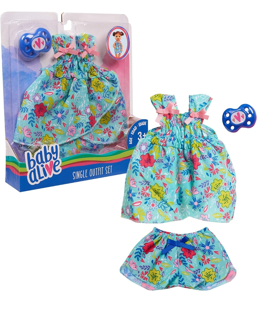 Baby Alive Single Outfit Set for Baby Dolls (Doll Sold Separately), Teal and Floral Print Blouse and Play Pacifier, Kids Toys for Ages 3 Up by Just Play