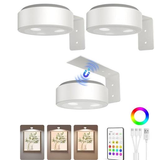 Picture Lights for Wall, 2000mAh Rechargeable Battery Magnetic Poster Lights w/ 3 Color Temps & 12 RGB, Remote Dimmable (3 PK)