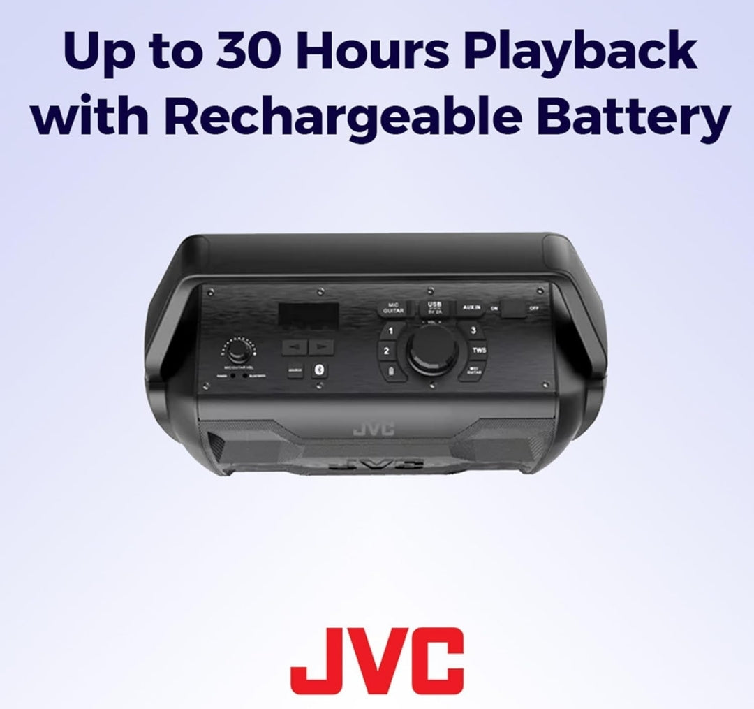 JVC Rover Draagbare Binne/Buite Bluetooth-luidspreker, 30 Watt Kragtige Klank, 30 Uur Battery, IPX4 Waterbestand, USB-poort en Mikrofoon-/Kitaarinvoer - XSS521PB (Swart)