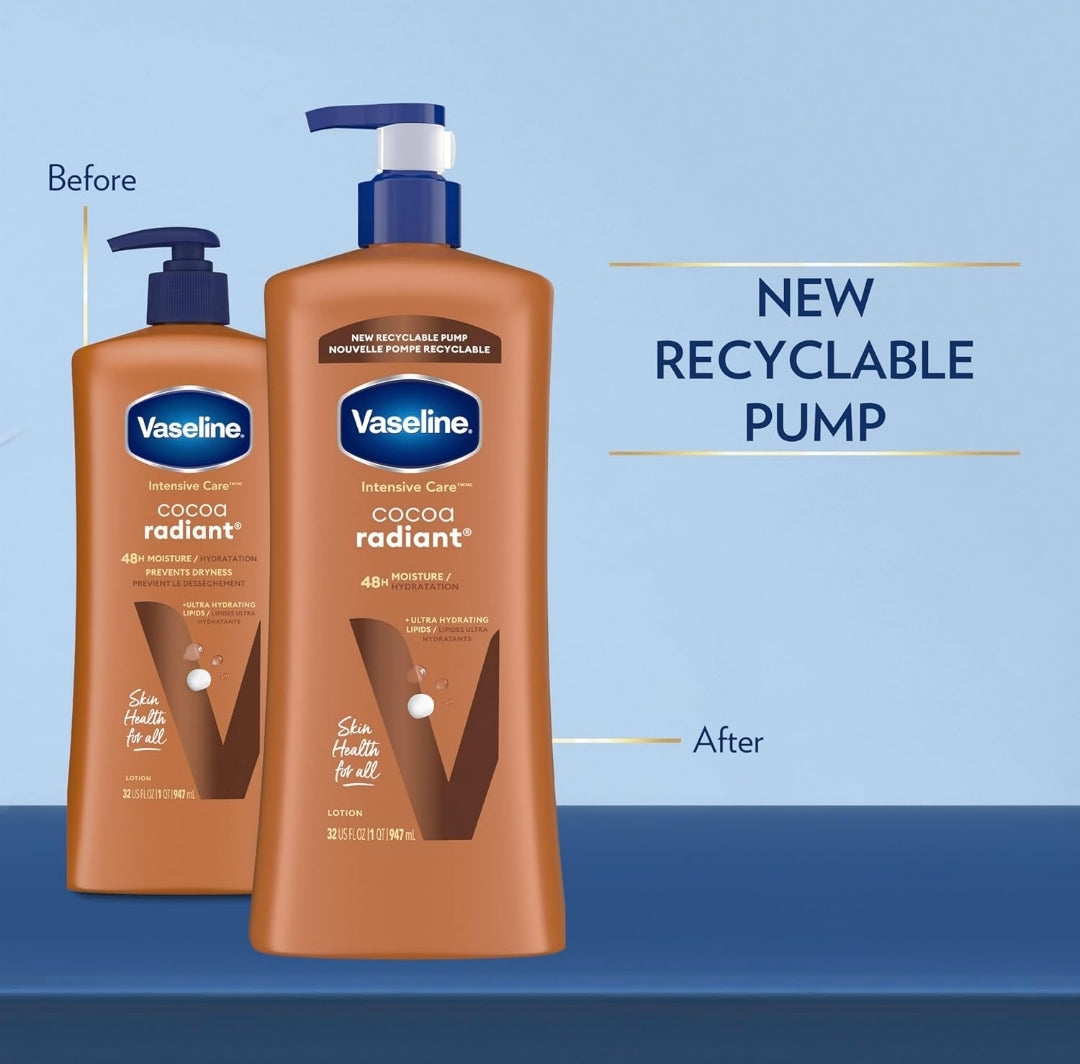 Vaseline Intensive Care Body Lotion Cocoa Radiant for Dry Skin Lotion Made with Ultra-Hydrating Lipids and Pure Cocoa Butter for a Long-Lasting, Radiant Glow 32 Oz