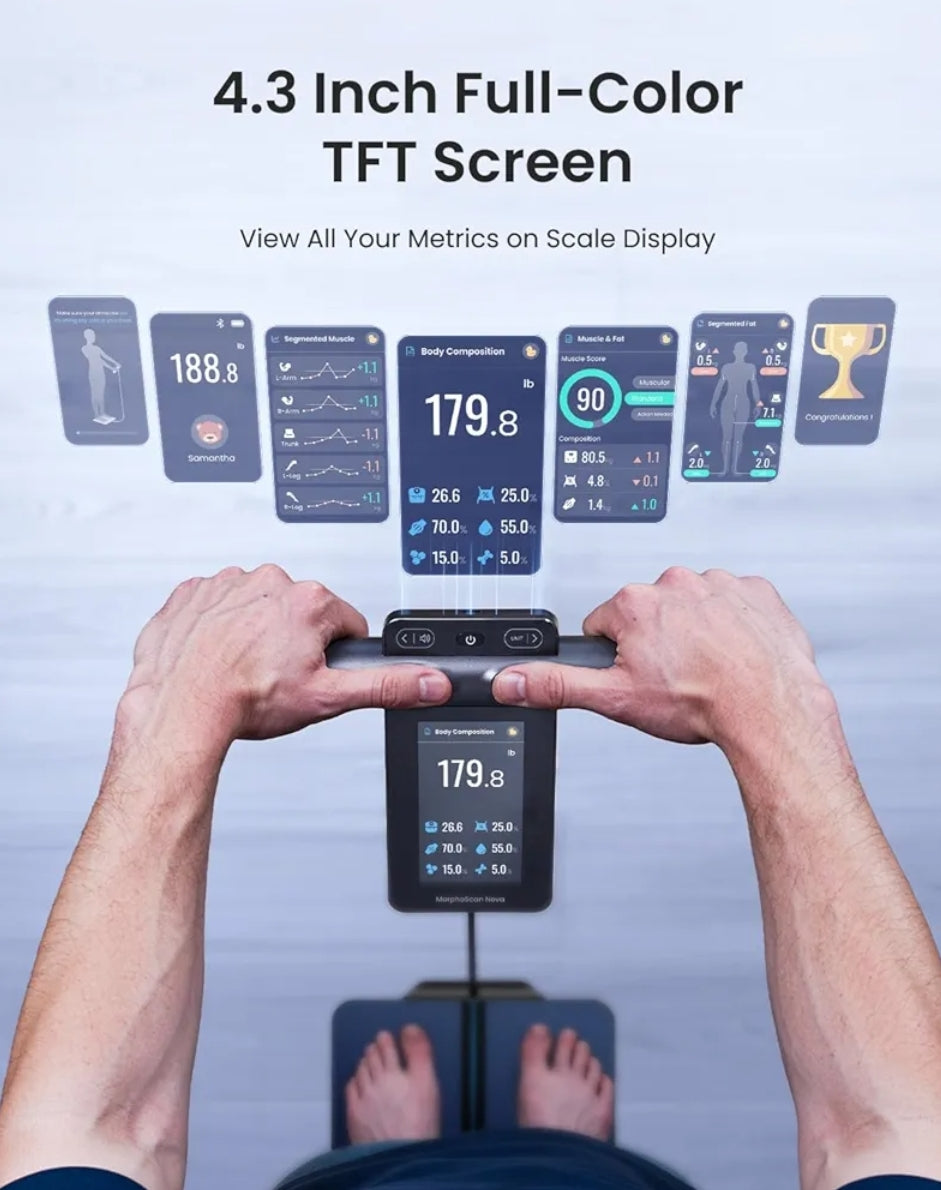 Smart Scale 8-Electrode Body Composition with BMI, Body Fat, Muscle Mass, Rechargeable Body Fat Scale with Full-Color TFT LCD on Handle