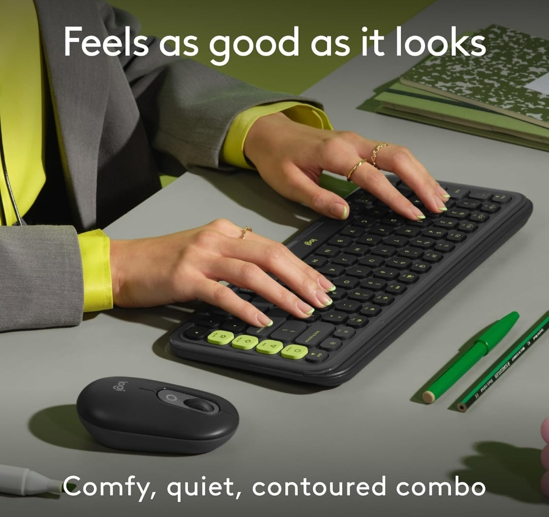 Logitech POP ICON Combo, Bluetooth-sleutelbord-en-muiscombo, gemaklike tik, programmeerbare sleutels en knoppies, stil klikke, maklike wisseling vir tot 3 toestelle – grafiet en lemmetjie