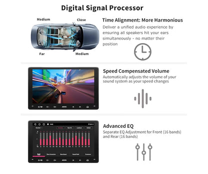 9" Android Dubbel Din Motor Stereo, 4G LTE, Wi-Fi/BT/USB tethering, Draadlose CarPlay & Android Auto, Dubbele Bluetooth, HD Lewendige Agteruitry Kameras, DSP&SCVC, KI Klets