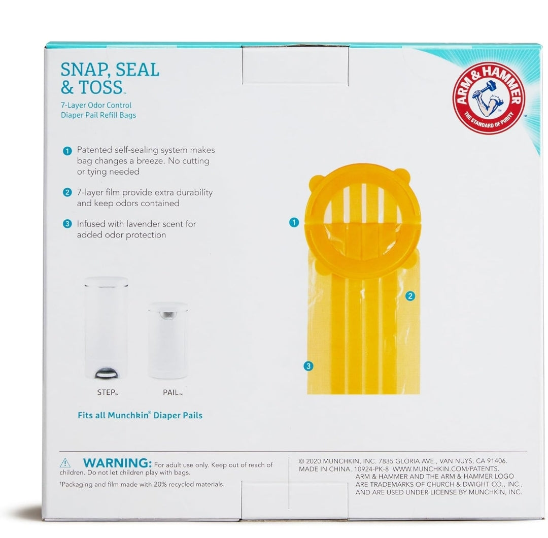 Munchkin Arm & Hammer Diaper Pail Snap, Seal & Toss Refill Bags, Holds up to 600 Newborn Diapers (20 Pack)