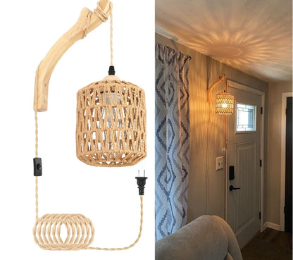 Rietmuurlamp met Propkoord Handgeweefde Muurligte Papierkoord Muurgemonteerde Lig Boho Muurverligting