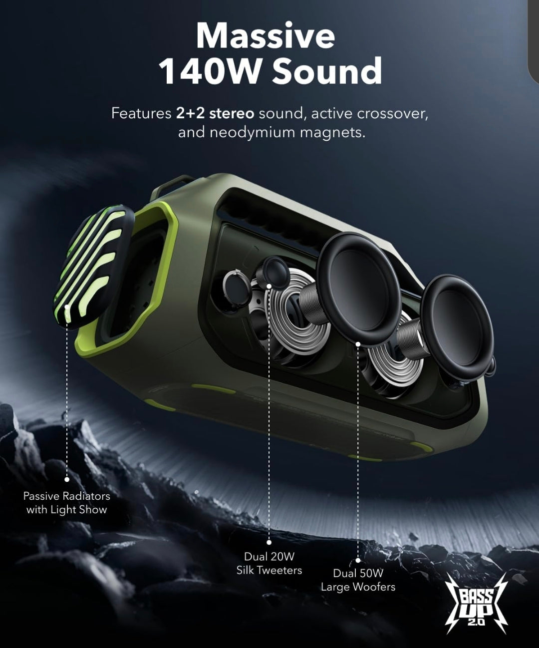 Soundcore Boom 2 Plus By Anker, Outdoor Speaker, 140W, 2+2 Channel, BassUp 2.0, 20H Playtime, Fast Charge, IPX7 Waterproof, RGB Lights, Power Bank, Bluetooth 5.3, Portable for Outdoors, Camping, Beach