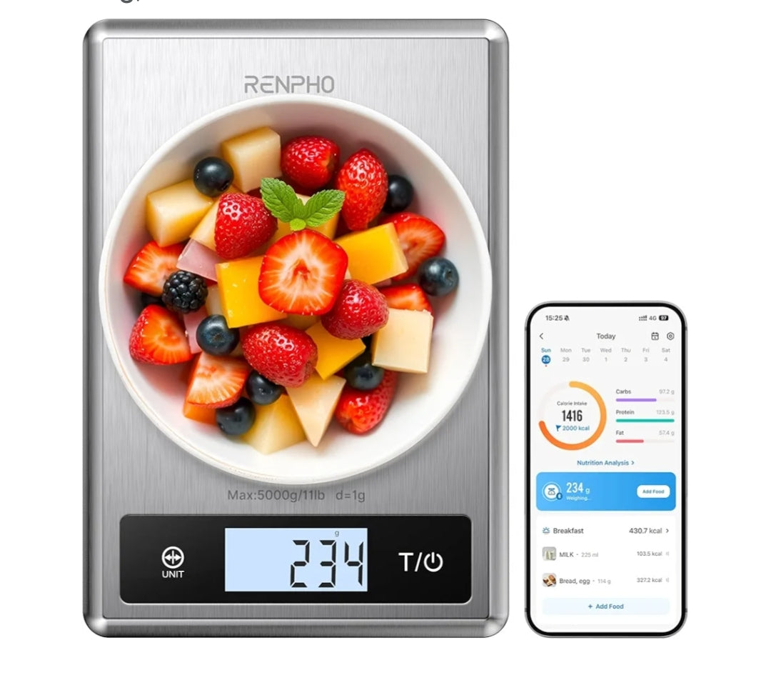 Smart Food Kitchen Scale, Food Weight Scale Grams and Ounces for Weight Loss, Calorie, Macro and Cooking - Stainless Steel
