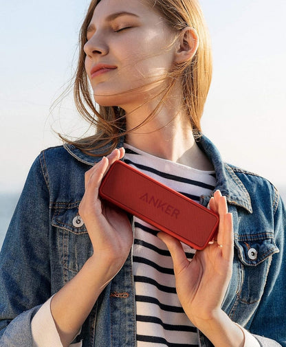 Anker SoundCore 2 Portable Bluetooth Speaker, Wireless, Enhanced Bass, 24-Hour Playtime, 66ft Range, IPX7 Water Resistant, Built-in Mic, Ideal for Travel, Compact and Easy to Use - Red