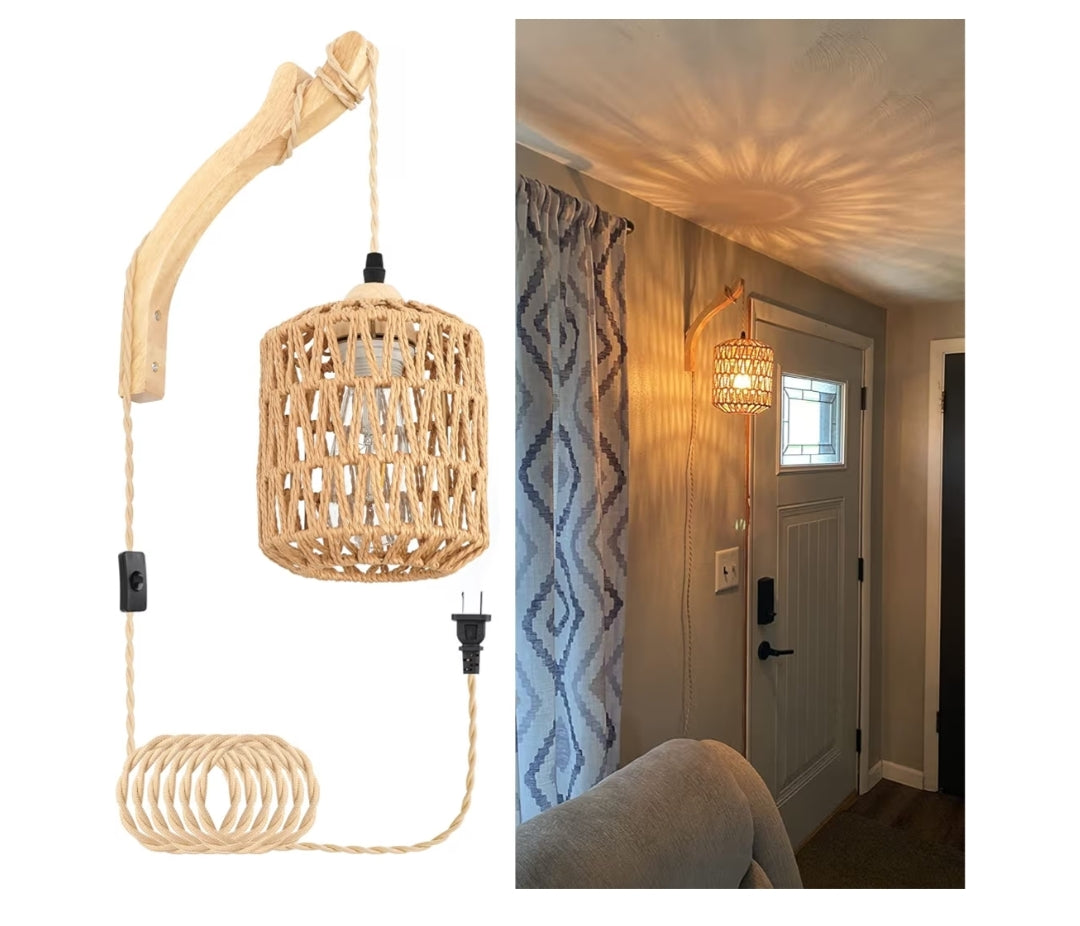 Rattan-muurlamp m/proppie-kabel, handgeweefde proppie-muurkandelare, papierkabel-muurlamp gemonteer