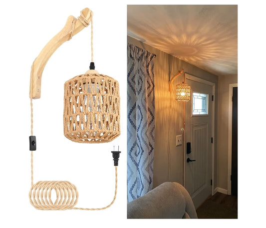 Rattan-muurlamp m/proppie-kabel, handgeweefde proppie-muurkandelare, papierkabel-muurlamp gemonteer