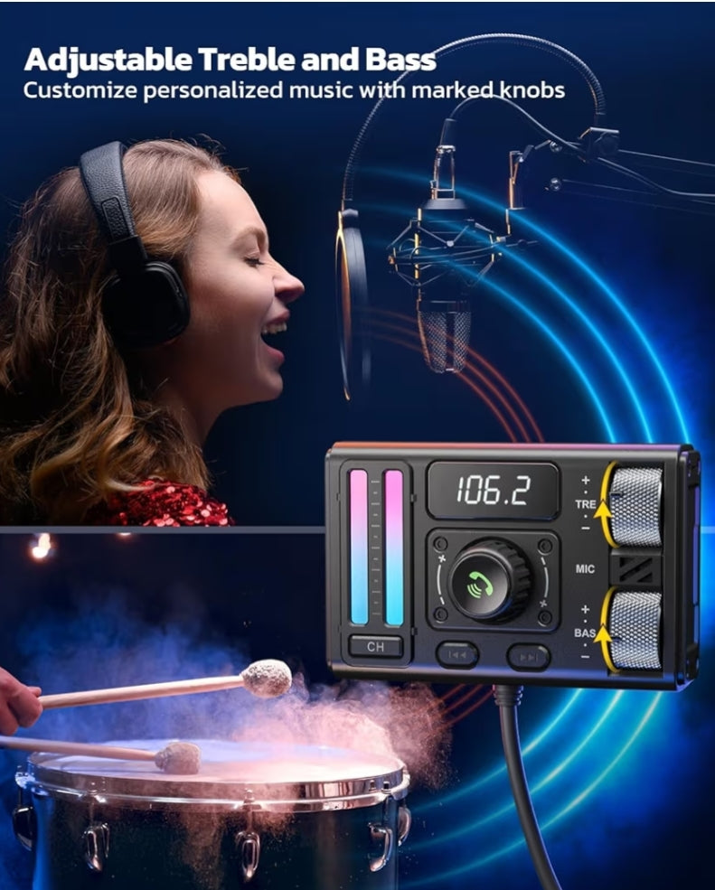 Bluetooth 5.3 Motor-FM-sender m/ Spiraal Intrekbare Kabel, DSP-geraasdemping & Tipe-C, Hands-vrye Oproepe & Musiekstroming