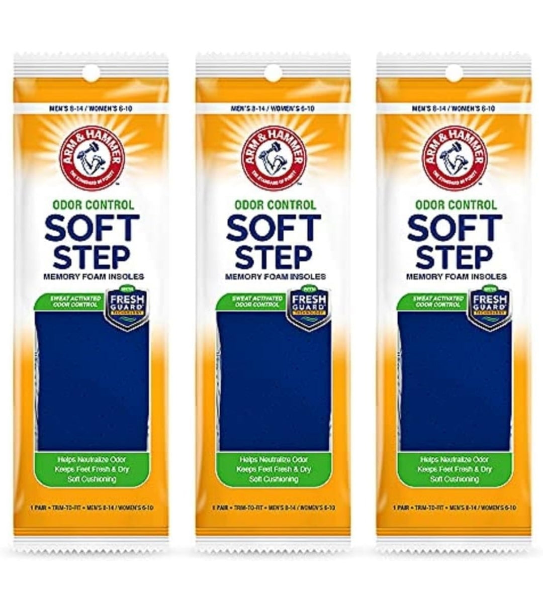 Arm & Hammer Odor Control Soft Step Insoles, Memory Foam for Men & Women w/Fresh Guard Tech - (3 Pack)