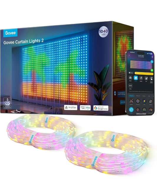 Gordynligte 2, Slim LED-gordynlig met DIY GIF AIGC, 1040 LED's, RGBIC Kleurveranderende Kersliggies vir Vakansie Slaapkamer Venster Dinamiese Dekor, Buitelug IP65 Waterdig, 9.8×6.6vt