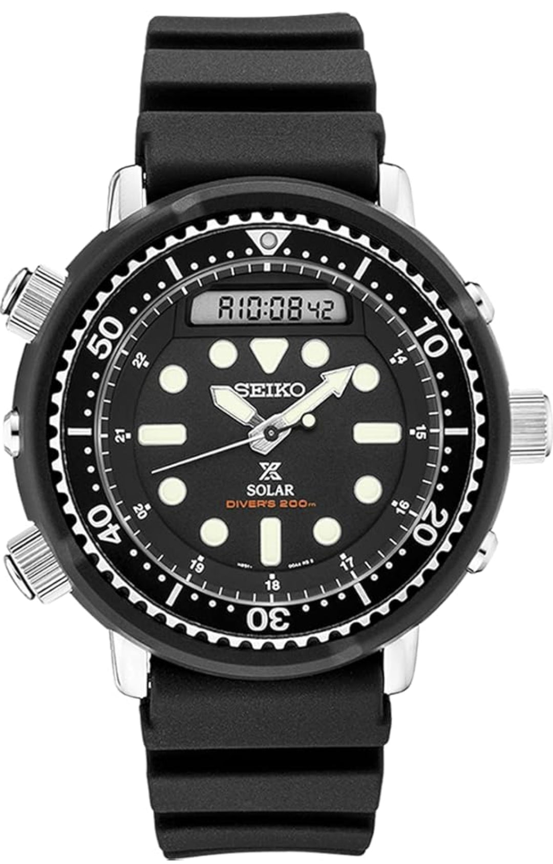 Seiko Hibried Duikhorlosie vir Mans - Prospex - Sonkrag, met Swart Wyserplaat, Liggewig Kas, en Stophorlosiefunksie, 200m Waterbestand