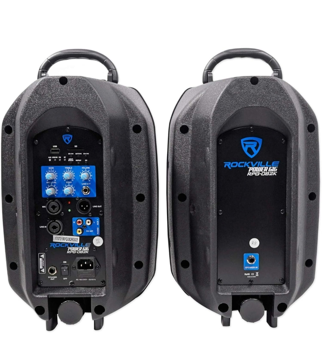 Rockville RPG082K Dual 8" Powered PA System Speakers/Bluetooth - BUNDLE