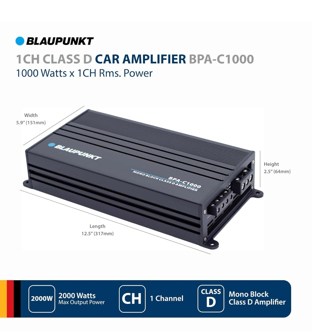 BLAUPUNKT BPA-C1000 Elite C-Series Car Audio Mono Block Class D Amplifier - 1000 Watts x 1-Channel Rms - 2000 Watts Max Power Monoblock Amp - Black