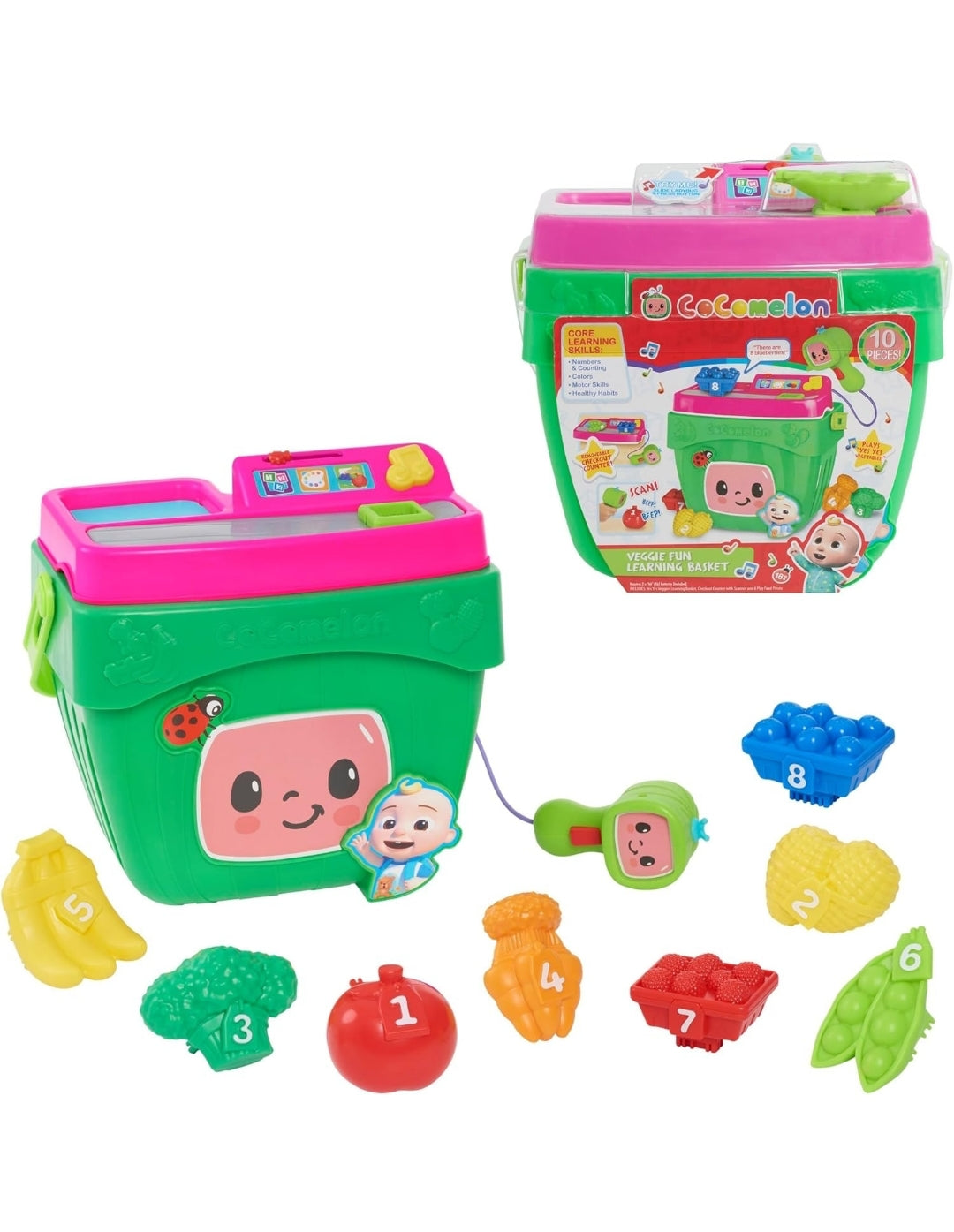 CoComelon Veggie Fun Learning Basket, Pretend Play Food, Preschool Learning and Education, 10-pieces, Music and Sounds, Officially Licensed Kids Toys for Ages 18 Month by Just Play