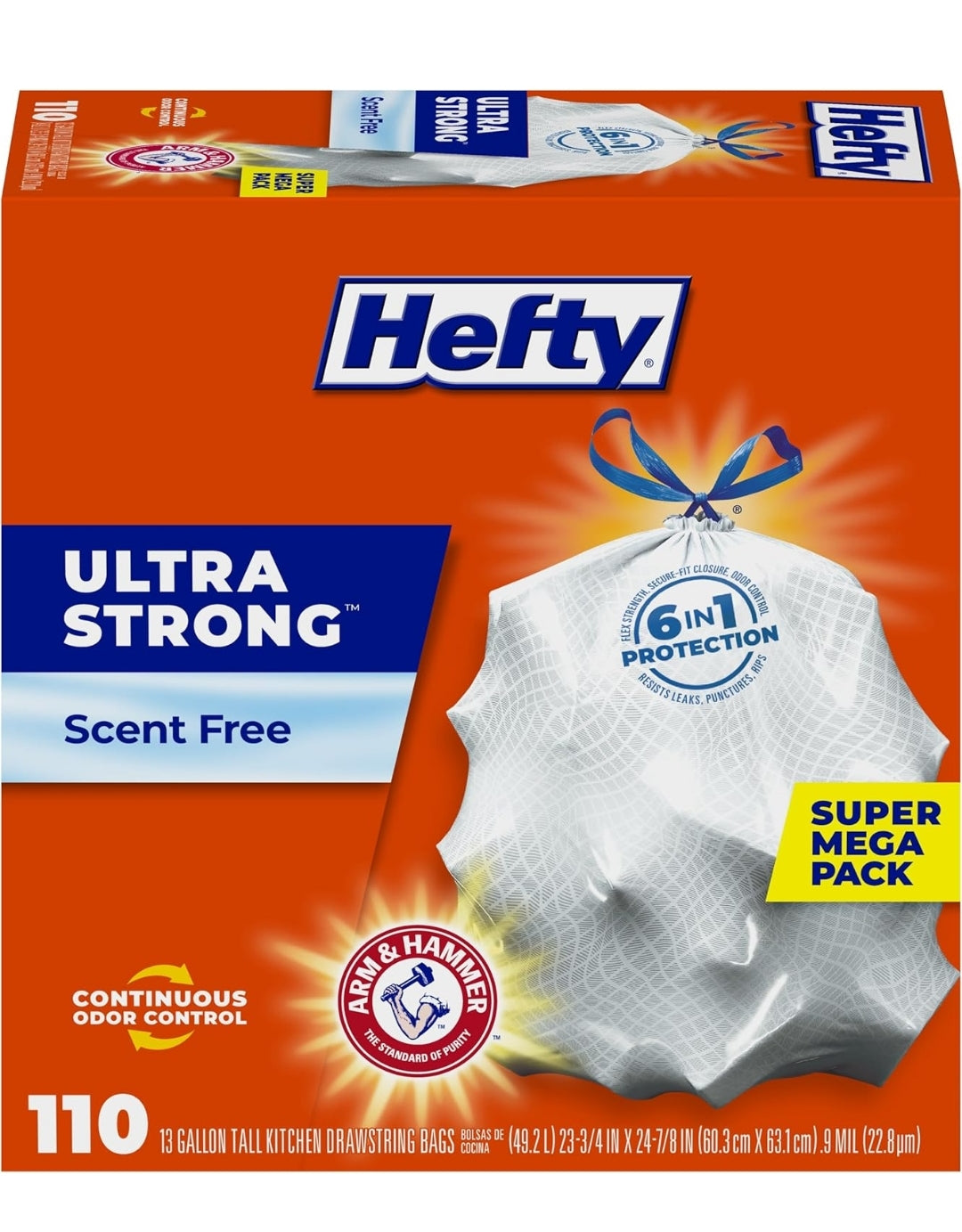 Hefty Ultra Strong 13 Gallon Trash Bags Drawstring Closure, Continuous Odor Control - White/Unscented (110 Bags)