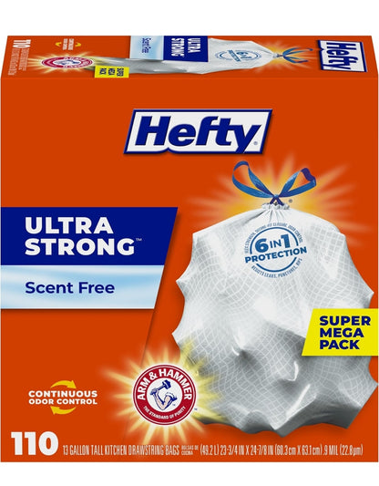 Hefty Ultra Strong 13 Gallon Trash Bags Drawstring Closure, Continuous Odor Control - White/Unscented (110 Bags)