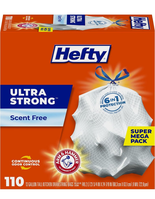 Hefty Ultra Strong 13 Gallon Vullissakke Trekkoord-sluiting, Deurlopende Reukbeheer - Wit/Ongeparfumeerd (110 Sakke)