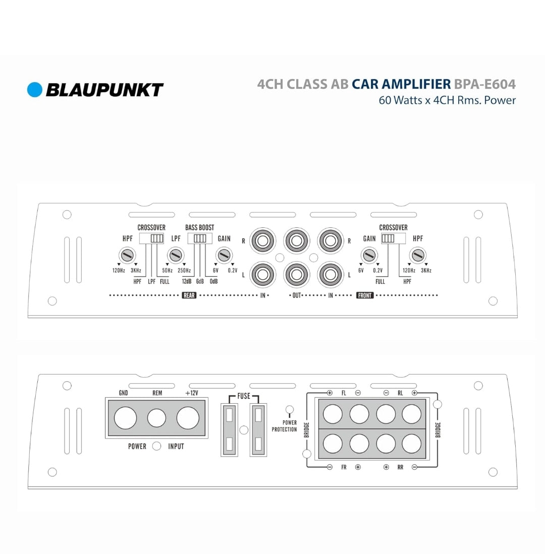 BLAUPUNKT BPA-E604 4-Channel Class AB Car Amplifier - 1800W Max Power, Bridged 360W RMS - Compact Design for Superior Sound Clarity