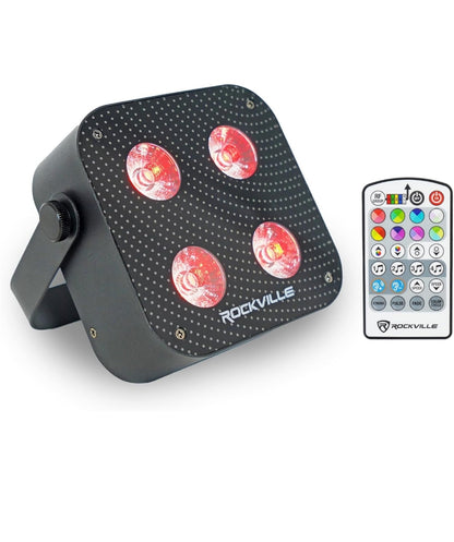 Rockville MINI RF4 V2 Swart LED Was Op Lig, RGBWA+UV, Kompak, Toep, Afstandbeheer, LCD, Koordlose DMX, Herlaaibaar, Ideaal vir DJ/Partytjie Beligting