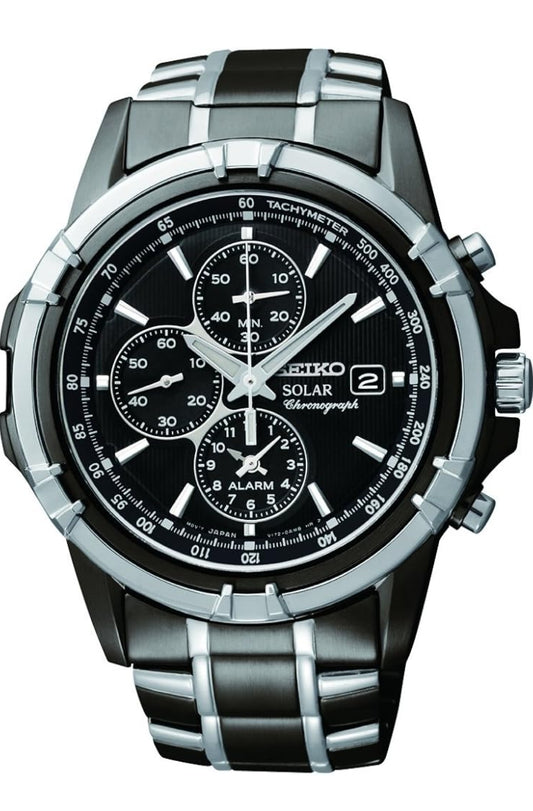 SEIKO Horlosie met Sonkrag-Chronograaf, Datumkalender en LumiBrite Wysers, Vlekvrye Staal en Waterbestand tot 100m – SWART