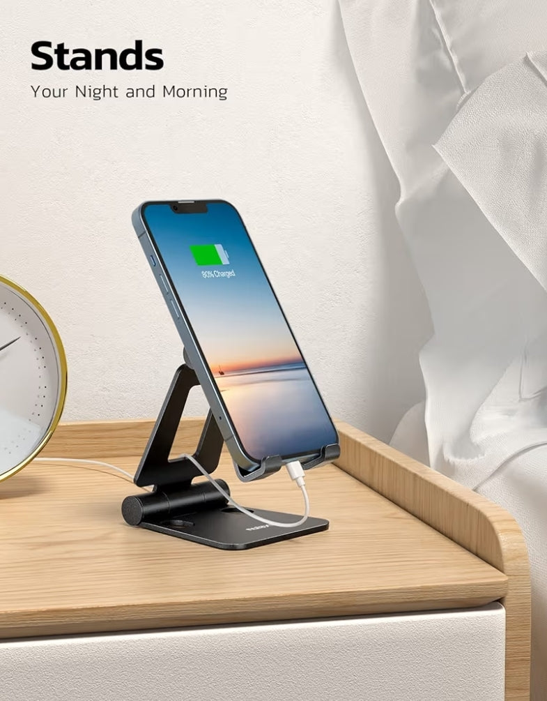 Dubbelvoubare ten volle verstelbare opvoubare foonstaander-dok versoenbaar met iPhone 11-17 Pro Max Xs Xr X 8, Nintendo Switch, Alle selfone - (Swart)