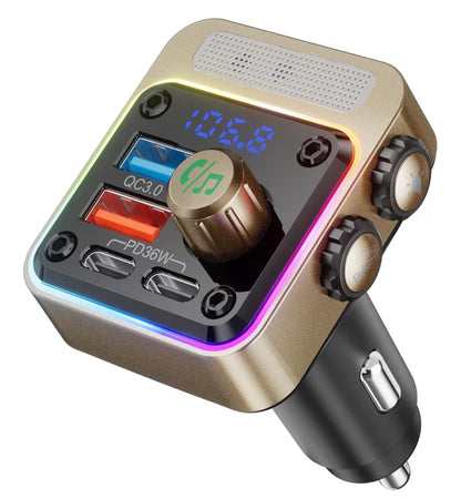 54W Bluetooth 5.3 Motoradapter met 4 Laaipoorte Draadlose Radio FM-sender & 5 Kleure LED Agterlig, Handvrye Oproepe – Goud
